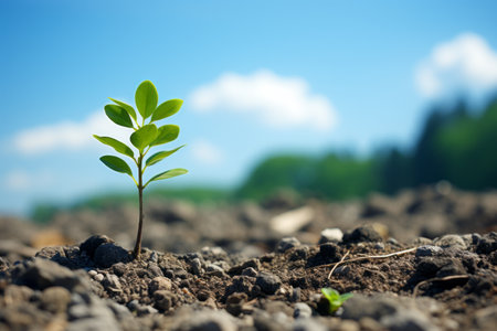 a young plant sprouting from the ground in the middle of a fieldの素材
