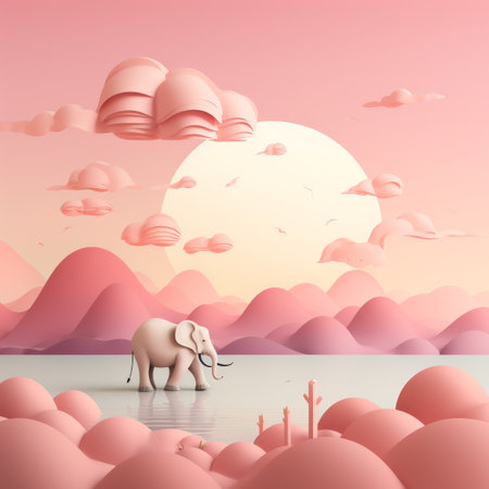 an elephant is standing in the water with mountains in the backgroundの素材