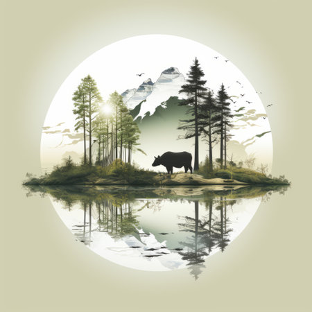 an illustration of a bear in the forest with trees and a mountain in the backgroundの素材