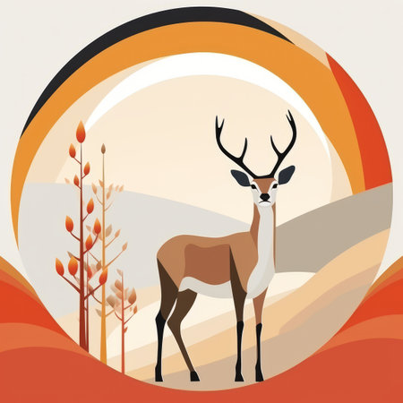 an illustration of a deer standing in front of an orange backgroundの素材