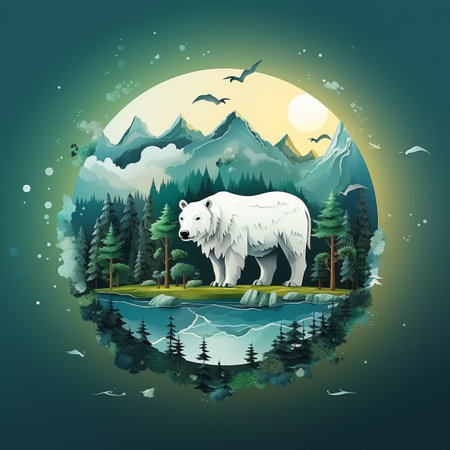 an illustration of a polar bear in the forestの素材