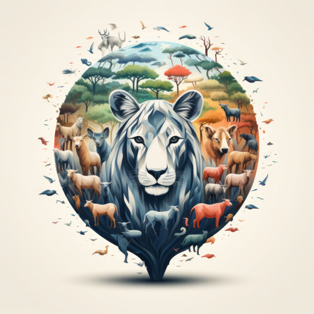 an illustration of a lion surrounded by animalsの素材