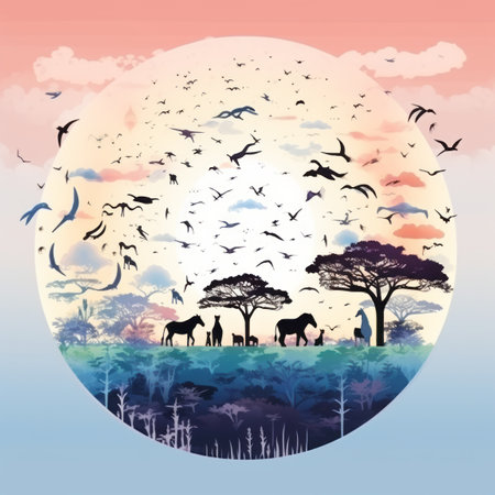 an illustration of an african landscape with elephants birds and treesの素材