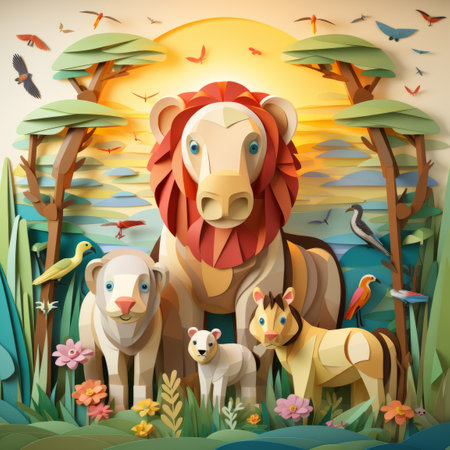 an illustration of a lion sheep and other animals in the jungleの素材