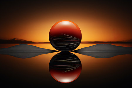 an orange egg sitting on top of water with a sunset in the backgroundの素材
