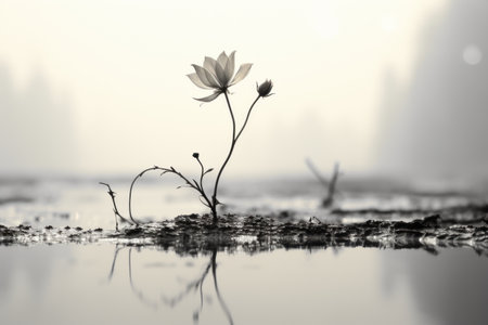 black and white photograph of a single flower in the waterの素材