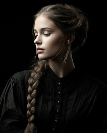portrait of a beautiful young woman with long braids on black backgroundの素材