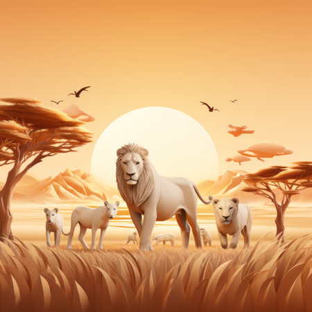lion family in african savannah at sunset vector illustrationの素材