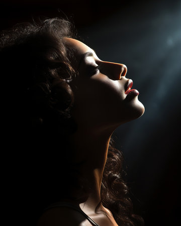 portrait of a beautiful woman in the dark with a spotlight on her faceの素材