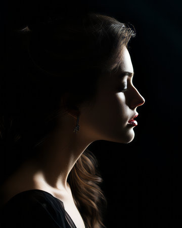 portrait of a beautiful young woman in black dress and earringsの素材