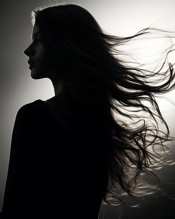 silhouette of a beautiful woman with her hair blowing in the windの素材