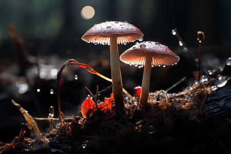 two mushrooms are standing in the forest with water droplets on themの素材