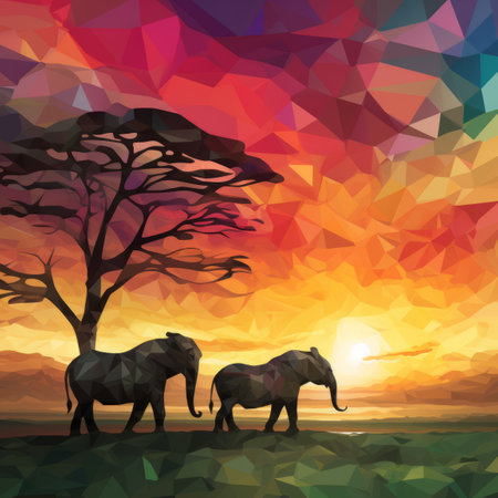 two elephants are walking in front of a tree at sunsetの素材