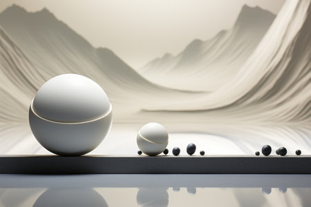 three white eggs in front of a mountain rangeの素材