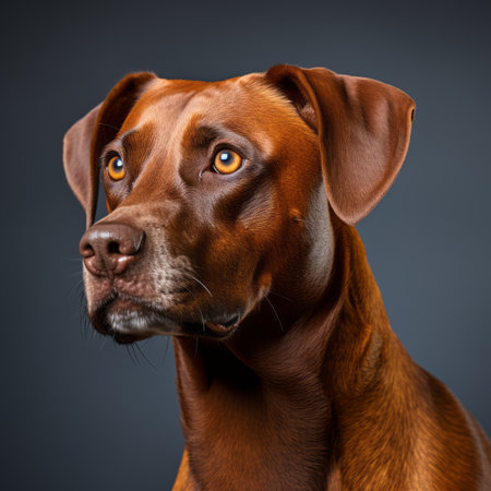 a brown dog with yellow eyes on a dark backgroundの素材
