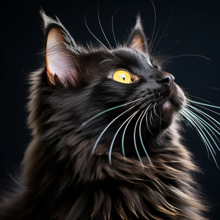 a black cat with yellow eyes on a dark backgroundの素材