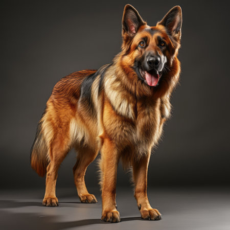 a german shepherd dog is standing in front of a black backgroundの素材