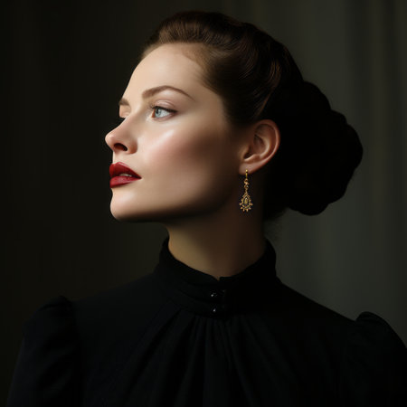 a woman in a black dress with red lips and earringsの素材