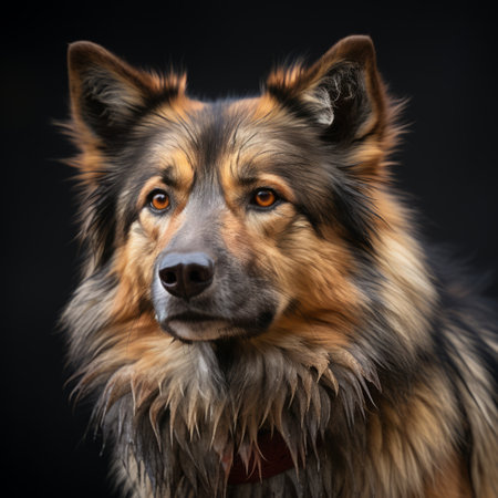a close up of a german shepherd dog on a black backgroundの素材