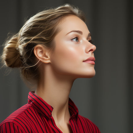 a woman in a red and black striped shirt looking upの素材