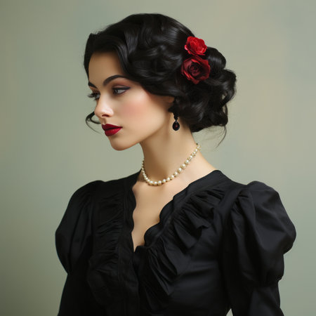 beautiful woman in black dress with red roses on her hairの素材