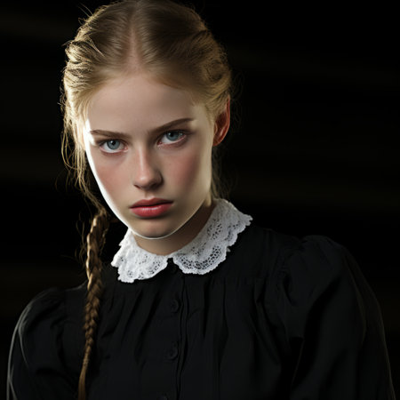 a young woman in a black dress with a white collarの素材