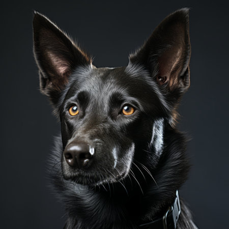 portrait of a black german shepherd dog on a dark backgroundの素材