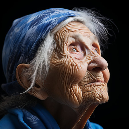 an old woman wearing a blue hat looks up to the skyの素材