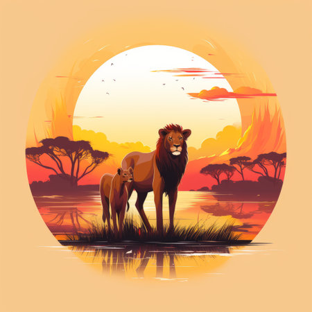 a lion and her cub in front of a sunsetの素材