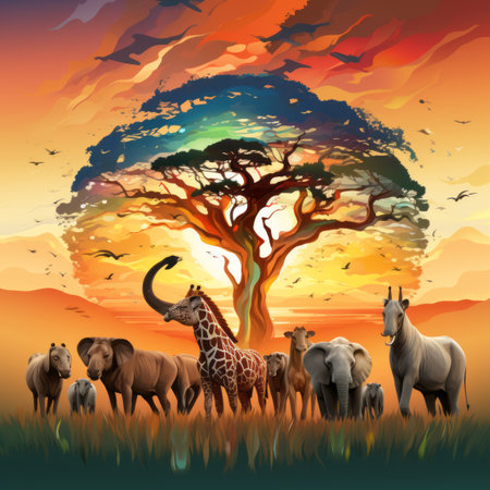 a painting of a group of animals standing in front of an african sunsetの素材