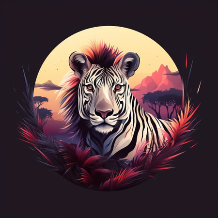 a painting of a zebra with a sunset in the backgroundの素材