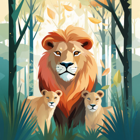a lion and two cubs in the forestの素材