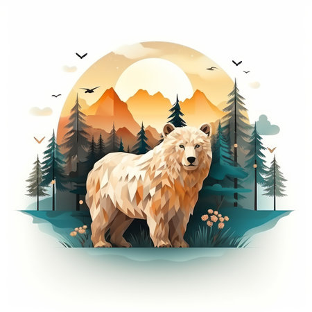 an illustration of a bear in the forest with mountains in the backgroundの素材