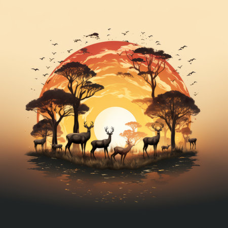 an illustration of an african sunset with deer birds and treesの素材