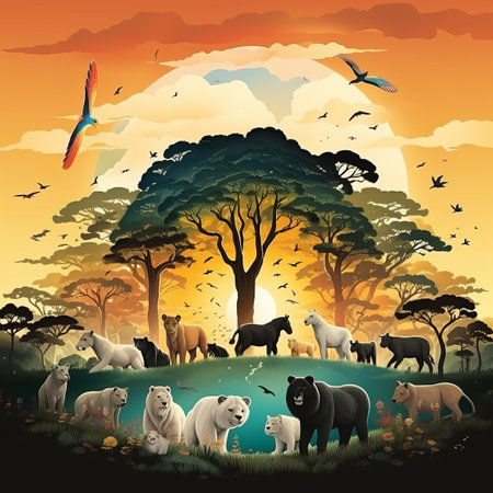 animals in the jungle at sunsetの素材