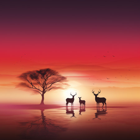 deer in the sunset with a tree in the backgroundの素材