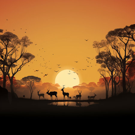 silhouette of animals in the forest at sunsetの素材