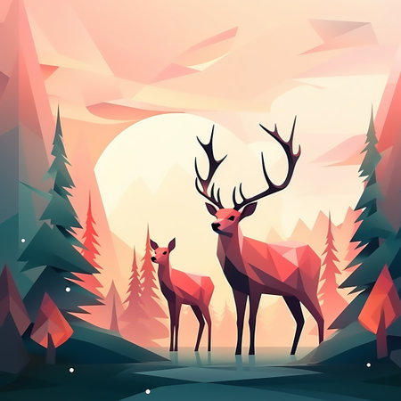 two deer in the forest at sunset with mountains in the backgroundの素材