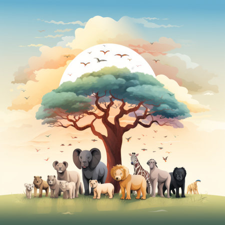 vector illustration of african animals under the tree of lifeの素材