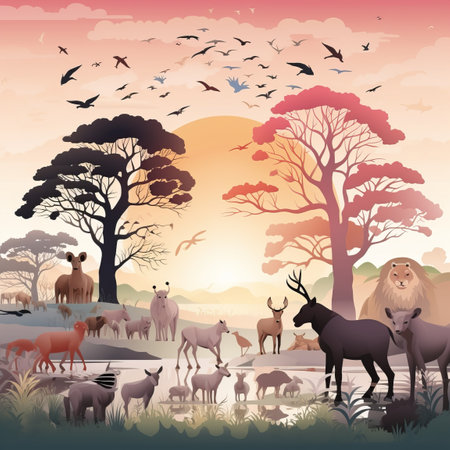 vector illustration of african wildlife at sunsetの素材