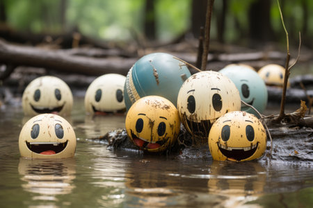 a group of smiley faces in the water with trees in the backgroundの素材
