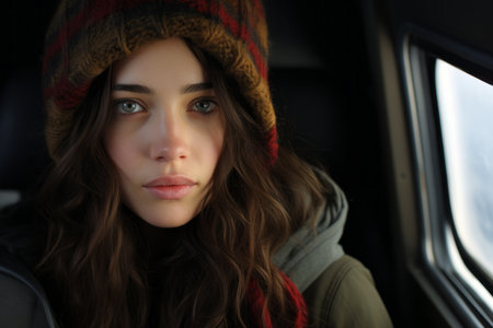 a woman with long hair and a beanie sitting in a carの素材