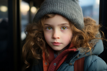 a young girl wearing a winter hat and jacketの素材