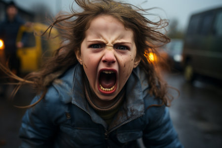 a young girl with her mouth open in the middle of the streetの素材