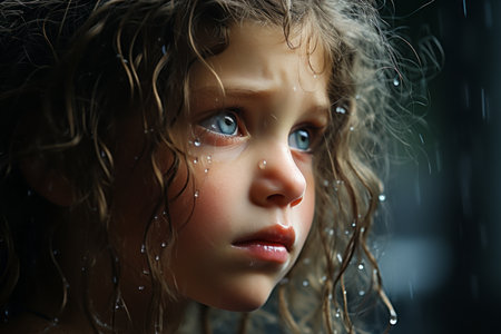 a young girl is crying in the rainの素材