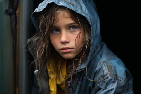 a young girl in a rain jacket looking out the windowの素材
