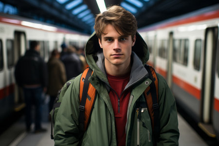 a young man in a green jacket standing in front of a trainの素材