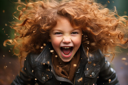 a young girl with red curly hair is laughingの素材