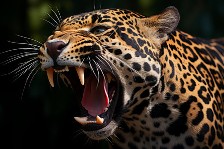an angry jaguar with its mouth openの素材