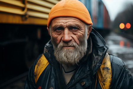 an old man with a beard standing in front of a trainの素材